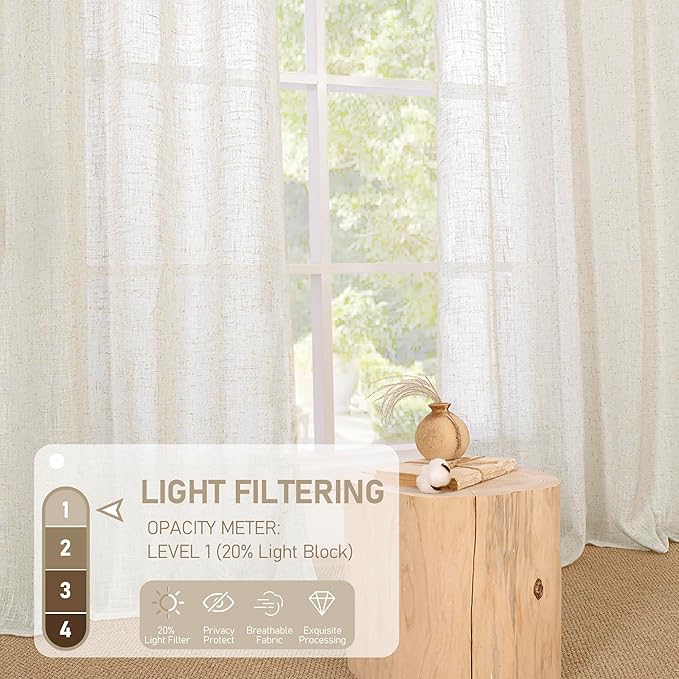 LAMIT 48 Inch Length Short Linen Curtains 2 Panels, Cream Ivory Light Filtering Panels Bronze Grommet Semi Sheer Drapes for Kitchen/Small Windows/Cafe, 34 x 48 Inch