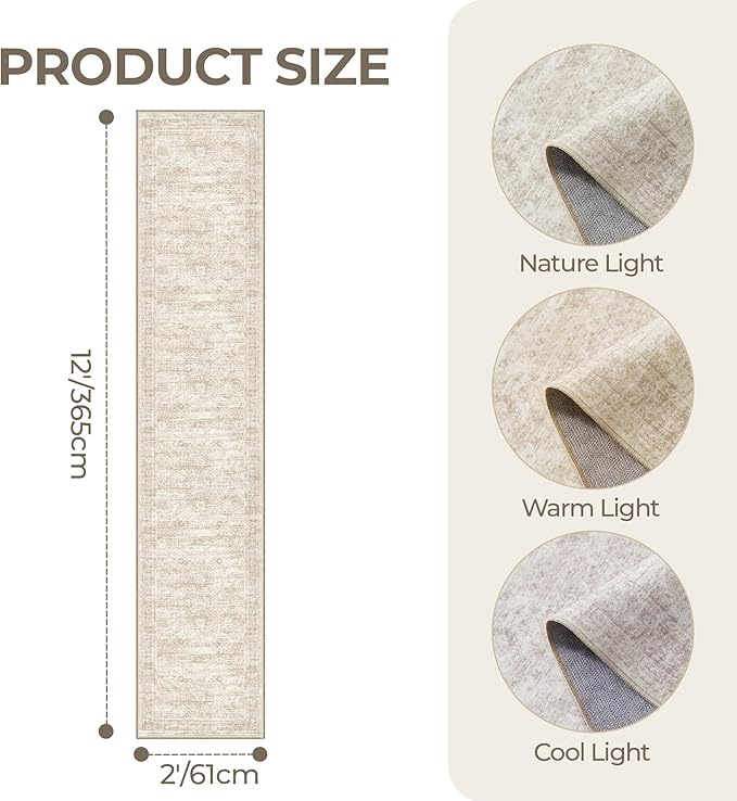 Long Hallway Runner Rug- Carpet Runners for Hallway 12ft, Anti Slip Backing Washable Rug Runner for Bathroom, Entrance, Living Room, Soft Low Pile Modern Rug Runner(2'x12', Beige/Ivory)