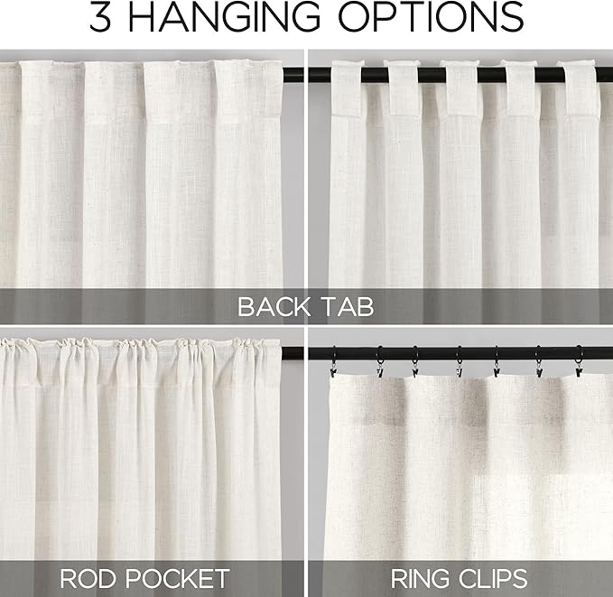 Extra Long Beige White Linen Curtains 144 Inch for Living Room 2 Panels Set Rod Pocket Back Tab Light Filtering Semi Sheer Curtain Privacy Floor to Ceiling High Ceiling Drapes for Farmhouse 52x144