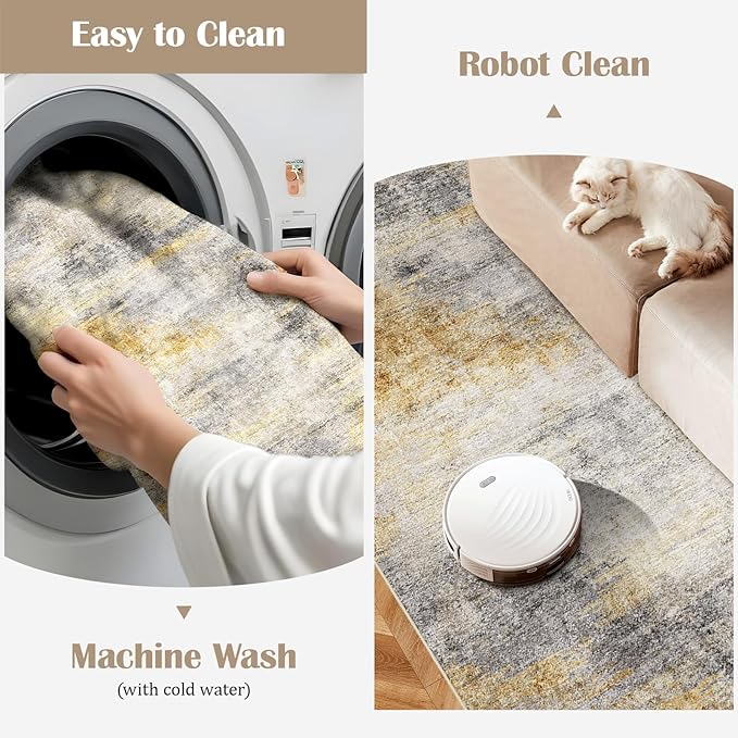 3x20 Washable Kitchen Runner Rug: Modern Abstract Runners for Hallway Soft Non Slip Rugs with Rubber Backing Low Pile Thin Floor Carpet for Entryway Bedroom Bathroom Bedside Indoor(Grey/Yellow,3x20)