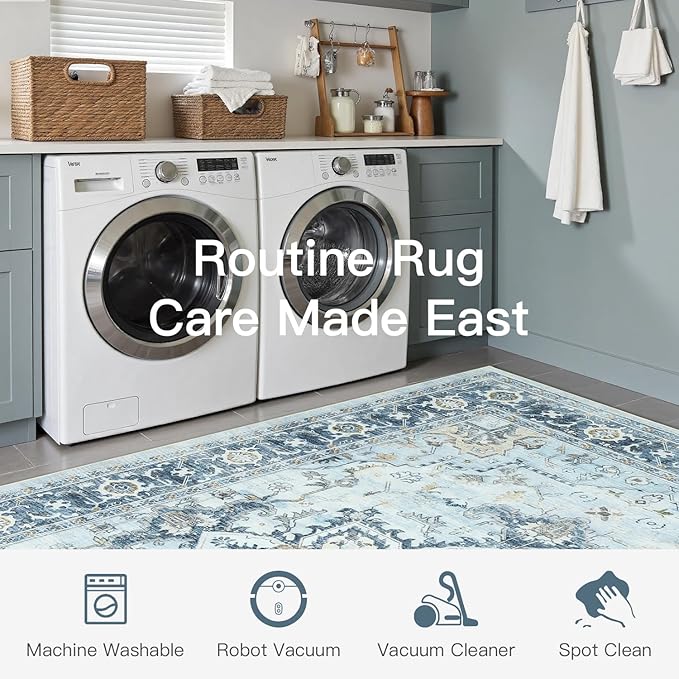 Lofus 9x12 Area Rugs for Living Room, Machine Washable Non-Slip Area Rug, Low Pile Large Rugs for Bedroom, Kitchen, Dining Room, Home Office, Vintage Oriental Print Rug, Blue Gold