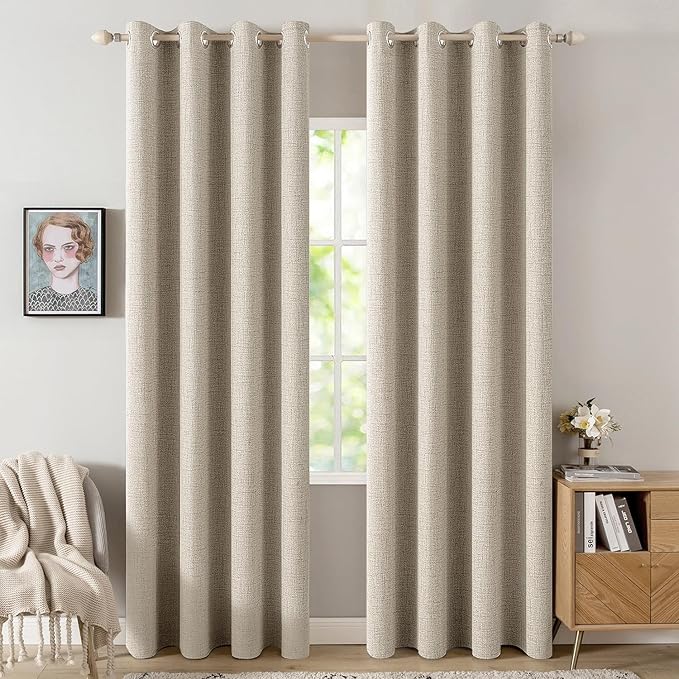MIULEE Linen Curtains for Bedroom 100% Blackout Thermal Insulated Stone Grommet Room Darkening Curtains & Drapes Fall Decor for Living Room Nursery 52 x 90 Inch (2 Panels)