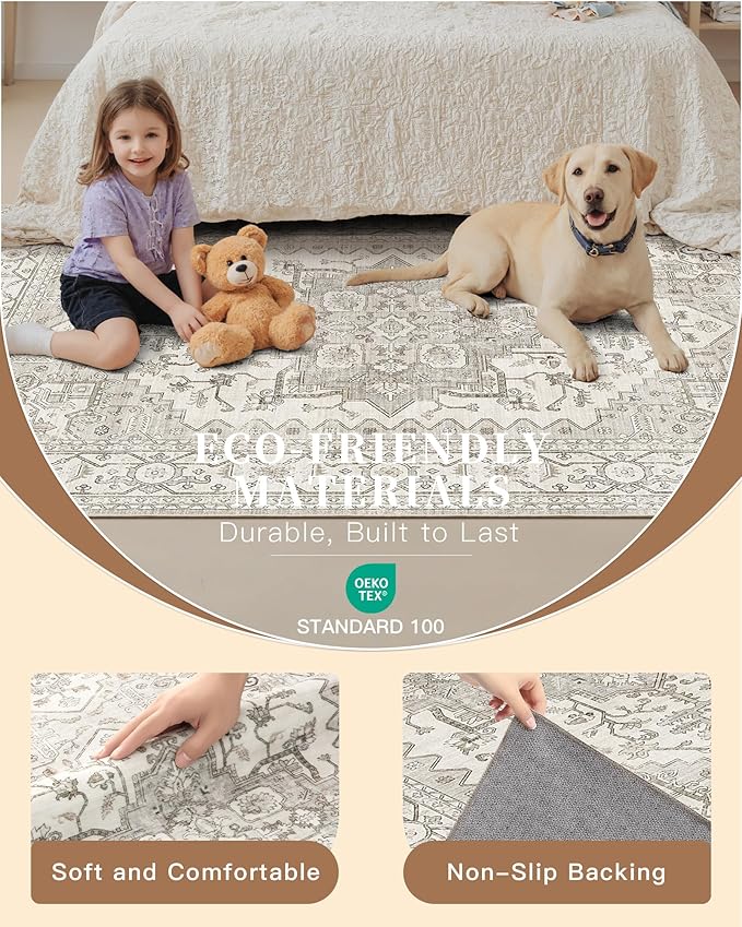 Madane Hallway Runner Rug 2'6''x16' Kitchen Runner - Non Slip Vintage Runners for Hallways Washable Kitchen Rugs Soft Low Pile 2.5x16 ft Rug Runners for Laundry Room, Entryway and Bedroom, Beige/Brown