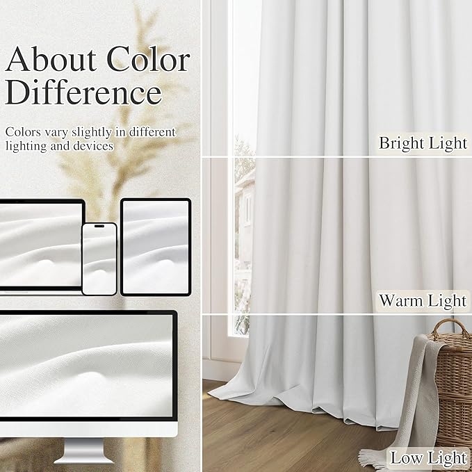 Guken White 100% Blackout Linen Curtains 52 Inch Wide by 60 Inch for Living Room Bedroom Back Tab Thermal Insulated Black Out Linen 2 Drapes Room Darkening Farmhouse Window Curtains