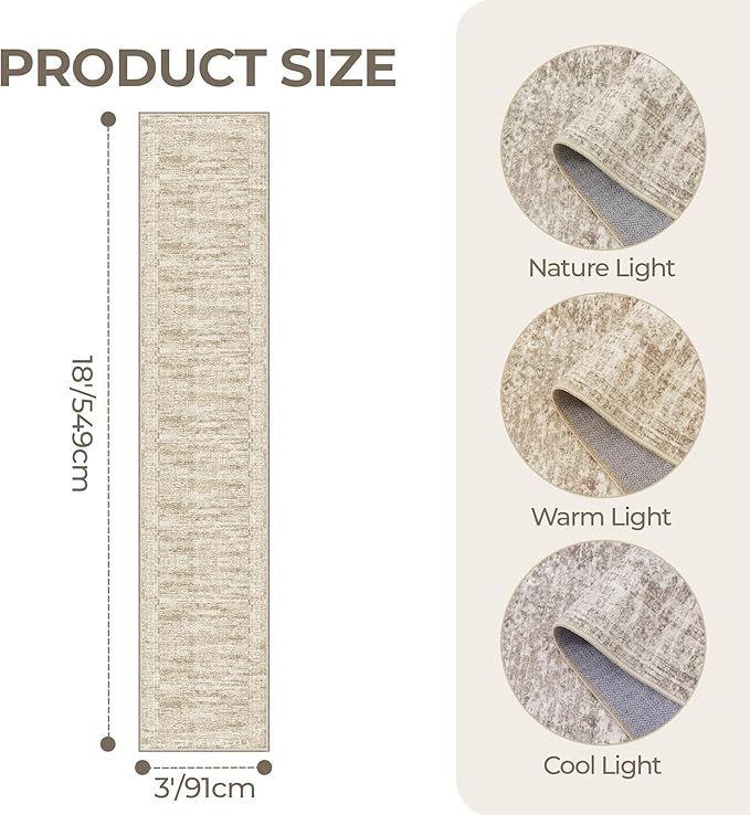 3x18 Washable Runner Rug for Hallway, Non-Slip Long Hallway Runner for Entryway, Soft Vintage Kitchen Mats for Floor, Abstract Dining Room, Bedroom, Living Room Rugs(3'x18', Brown/Ivory)