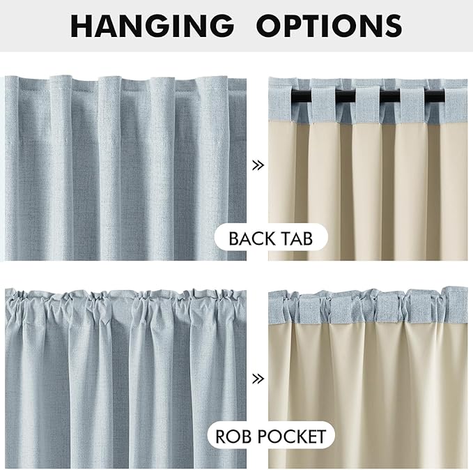 MIULEE 100% Blackout Linen Curtains for Bedroom, Chambray Blue Solid Luxury Decor Thermal Insulation Room Darkening Drapes for Living Room Nursery Back Tab Rod Pocket 42 x 63 Inches, 2 Panels