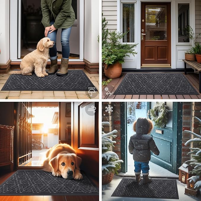 Smiry Front Door Mat Outside Entrance, Heavy Duty Sturdy Natural Rubber Doormat, Trap Dirt and Moisture, Easy Clean Low Profile Mats for Indoor Outdoor Entry, Grid Geometric (59x34, Grey)