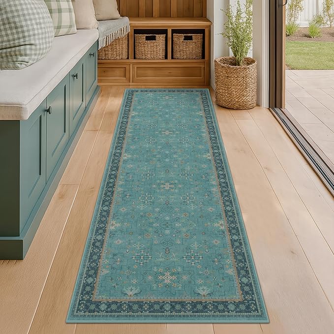 Boho 2x8 Non Slip Kitchen Runner Rugs -Machine Washable Non Skid Vintage Carpet for Hallway, Entryway, Non Slip with Rubber Backing, Floral Aqua Blue Unique Runner Décor (Teal)