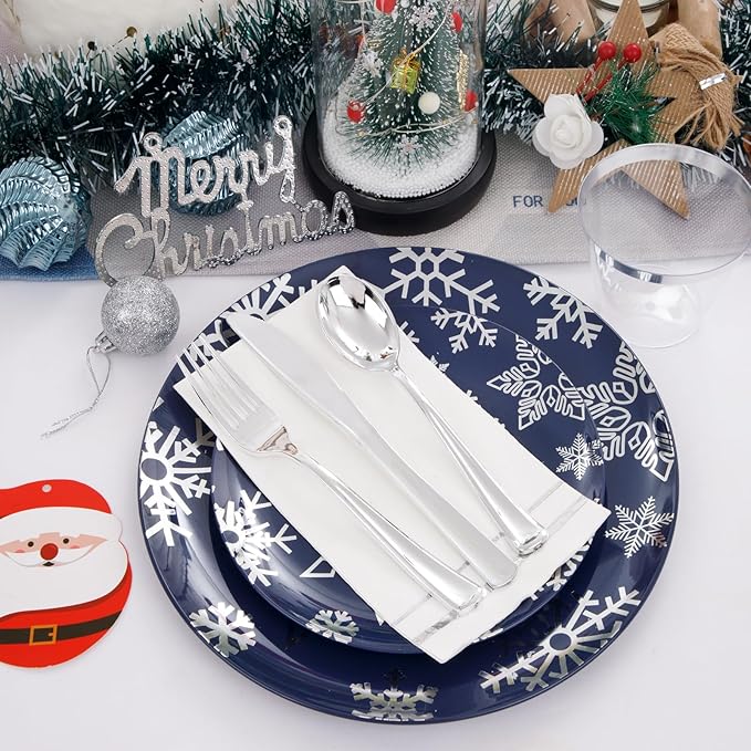 bUCLA 175pcs Christmas Plastic Plates - Christmas Blue and Silver Plastic Snowflake Plates with Silverware, Cups and Paper Napkins - Disposable for Xmas
