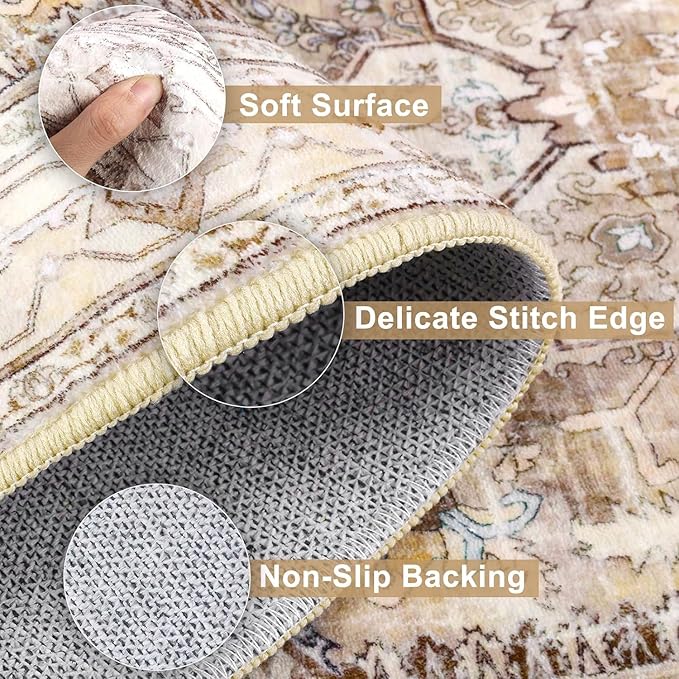 Yamaziot Area Rug 9x12, Non-Slip Washable Boho Vintage Living Room Bedroom Rug with Rubber Backing, Low Pile Faux Wool Soft Distressed Rug Floor Carpet for Living Room, Bedroom