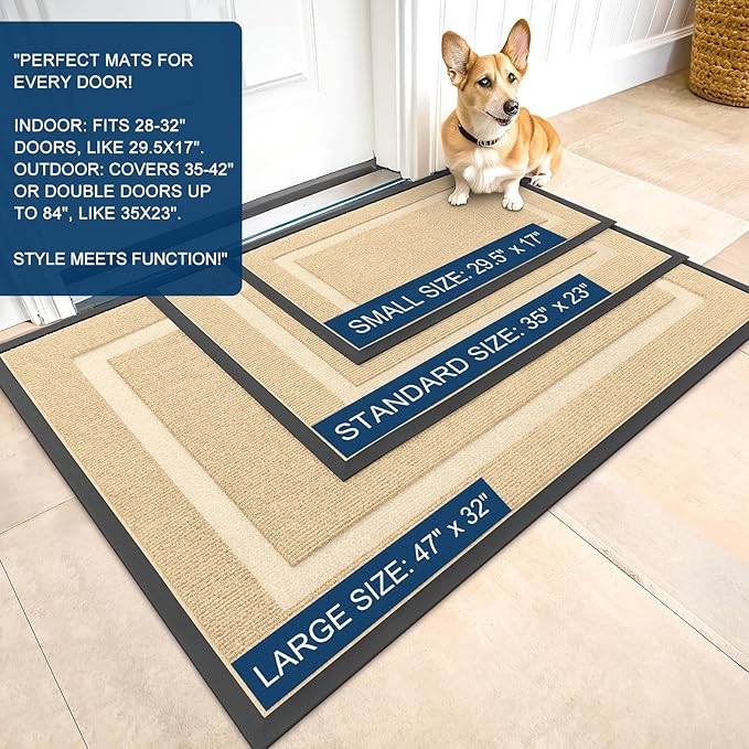 OLANLY Front Door Mat Indoor Outdoor Entrance, Waterproof All-Season, All-Weather Doormat, Sturdy Natural Rubber, Fade Resistant, Low Profile, Easy Clean Patio Porch Entryway Mat, 71x47, Beige