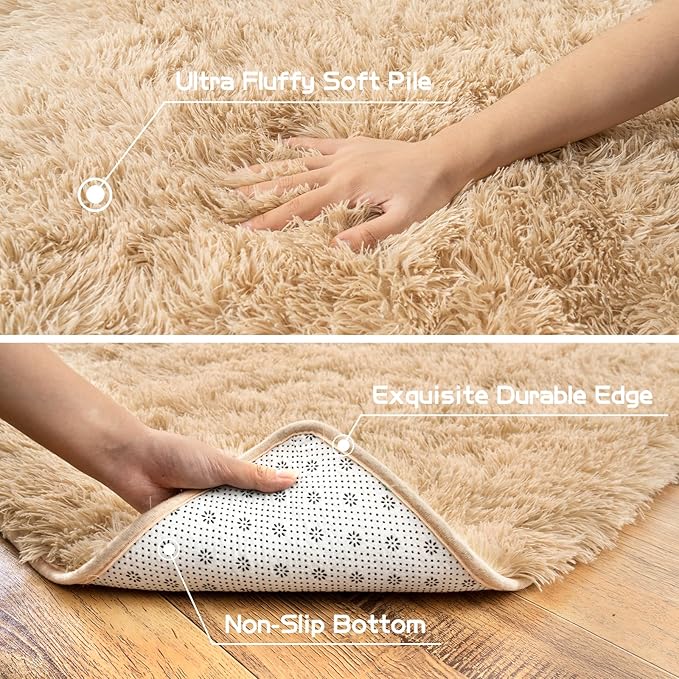 Pionblank Fluffy Small Rug for Bedroom 2x3 Feet, Shag Soft Area Rug, Modern Plush Carpet, Furry Cute Bedside Rug for Kids Girls Boys Room Nursery Decor, Camel