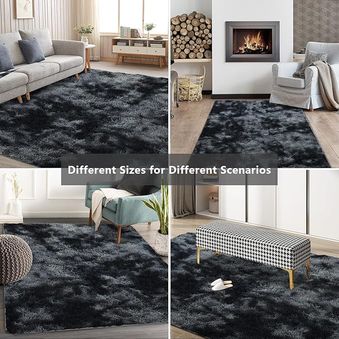 10X14 Large Area Rugs for Living Room Bedroom,Big Shag Rug for Bedroom Dorm,Soft Fluffy Indoor Carpet Nursery Rugs for Kids Girls Room Home Decor(Mottling Black, 10X14 Feet)