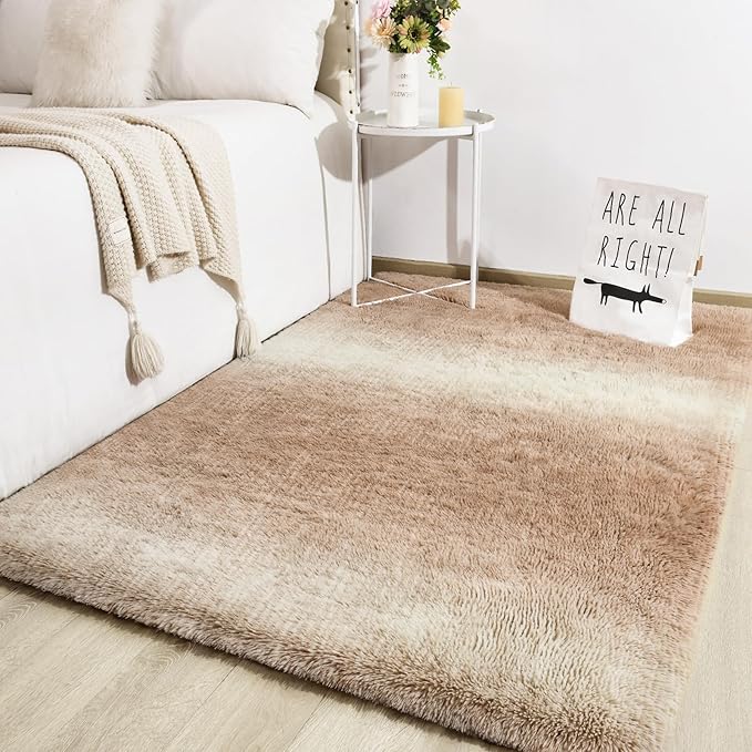 TWINNIS Super Soft Shaggy Rugs Fluffy Carpets, 6x9 Feet, Indoor Modern Plush Area Rugs for Living Room Bedroom Kids Room Nursery Home Decor, Upgrade Anti-Skid Rectangular Fuzzy Rug, Tan White