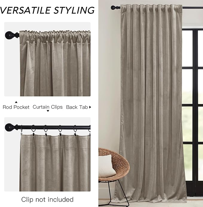 RYB HOME Taupe Velvet Curtains 84 inches Length with Hook Tape, Thermal Insulated Privacy Protect Decorative Drapes for Window, W 52 x L 84 inches, 2 Panels Set
