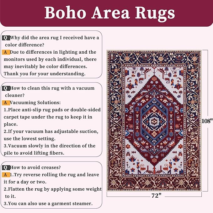 SERISSA 6x9 Area Rugs for Living Room, Large Washable Non-Slip Boho Rug, Ultra Soft Vintage Burgundy Navy Oriental Tribal Print Distressed Carpet for Dining Room Bedroom Dorm Office Home Decor