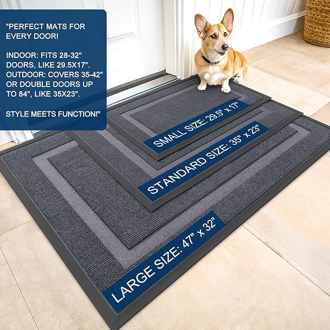 OLANLY Front Door Mat Indoor Outdoor Entrance, Waterproof All-Season, All-Weather Doormat, Sturdy Natural Rubber, Fade Resistant, Low Profile, Easy Clean Patio Porch Entryway Mat, 47x17, Light Grey