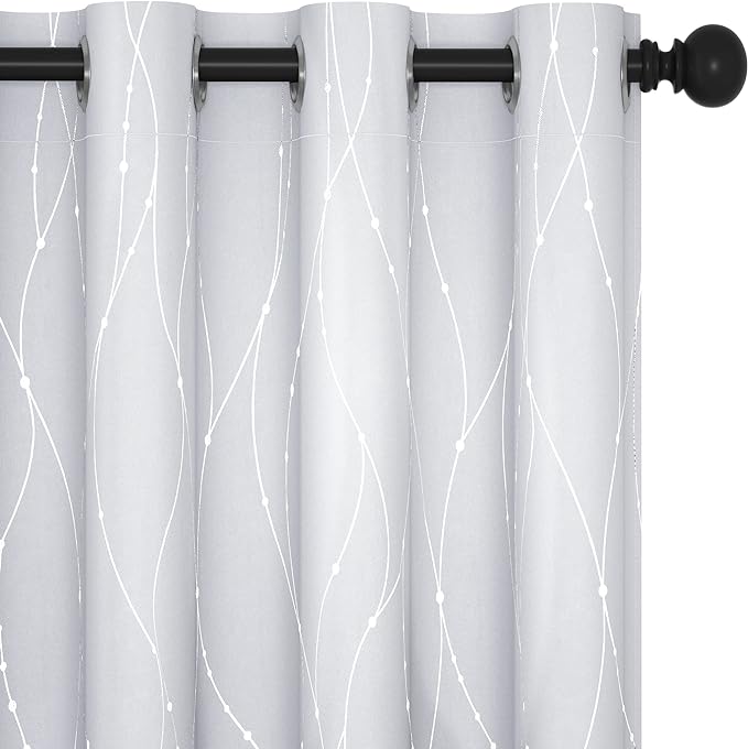 Deconovo Bedroom Curtains, Room Darkening Drapes, Thermal Insulated Soundproof Panel, Silver Wave Dot Print, 52 x 72 Inch, Machine Washable Window Panels for Living Room Home, Set of 2, Greyish White