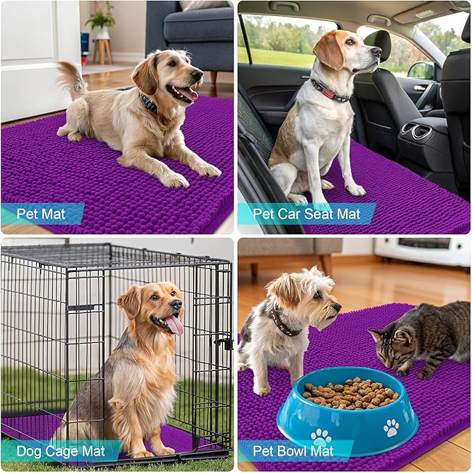 OLANLY Dog Door Mat for Muddy Paws 50x30, Absorbs Moisture and Dirt, Absorbent Non-Slip Washable Doormat, Quick Dry Chenille Mud Mat for Dogs, Entry Indoor Entryway Carpet for Inside Floor, Purple