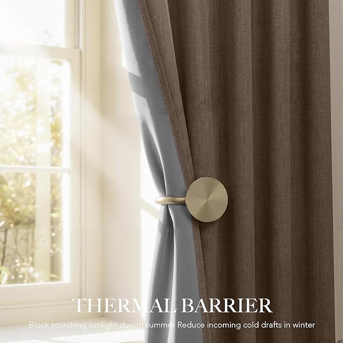 RYB HOME 100% Blackout Linen Textured Curtains 96 inches Long, Thermal Insulating Privacy Energy Saving for Bedroom Living Room Window Office Theater Dining Nursery, W 52 x L 96 in, Coffee, 2 Panels