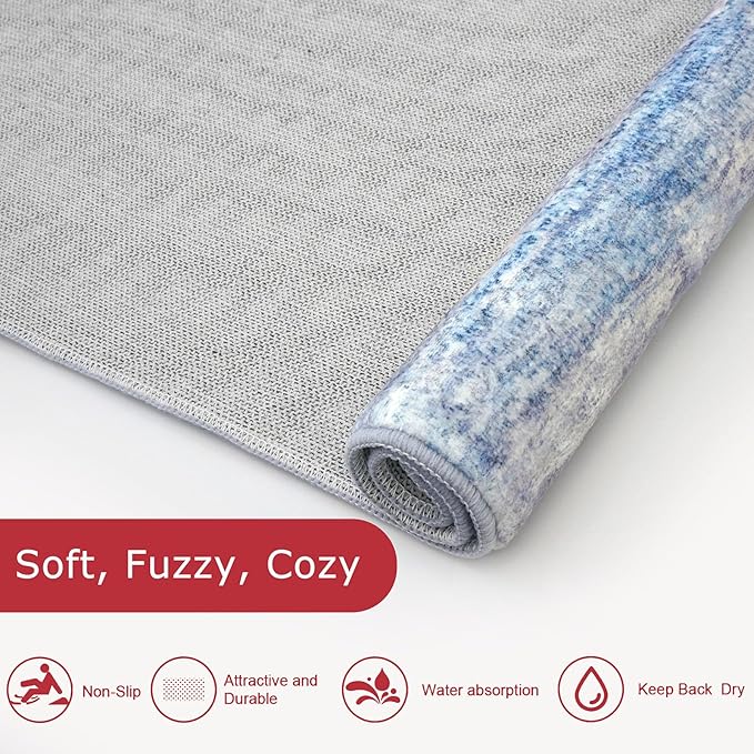 KOZYFLY Modern Abstract Hallway Runner Rug, 2x8 Washable Rug Runner Non-Slip Soft Striped Kitchen Runner Rugs, Print Blue/Grey/Beige Carpet Runner for Entryway Bathroom Laundry Room Foyer