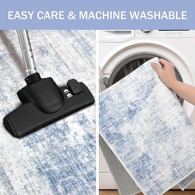 IOHOUZE Abstract Area Rugs 5x7 Ft Washable Rugs for Living Room, Non Slip Dining Room Rug, Printed Faux Wool Rugs for Bedroom, Floor Carpet for Office Nursery Playroom, Light Blue Grey