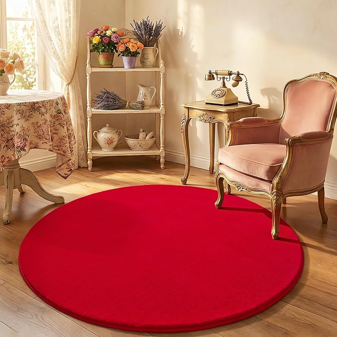 Amearea Red Round Area Rugs 4ft Washable Circle Rugs for Bedroom Living Room, Fluffy Indoor Thickened Memory Foam Rug, Non Slip Minimalist Circular Carpet for Kids Boys Girls Dorm Nursery Room Decor