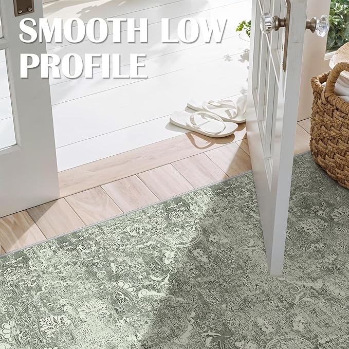 4x12 Washable Hallway Runner Rug - Wide Kitchen Runners Vintage Low Pile Carpet Soft Thin Floor Runner with Rubber Backing for Entryway Bedroom Living Room Home Decor (Muted Sage Green)