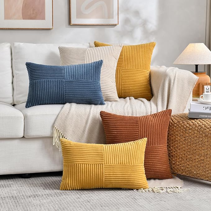 Fancy Homi 2 Packs Rust Big Decorative Throw Pillow Covers 24x24 Inch for Living Room Couch Bed, Rustic Farmhouse Boho Home Decor, Soft Corss Corduroy Patchwork Square Terracotta Cushion Case 60x60 cm