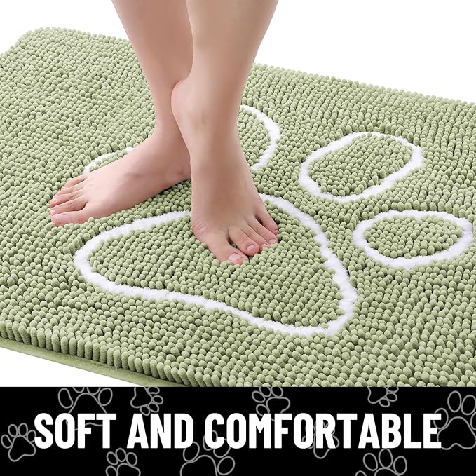 Smiry Dog Door Mat for Muddy Paws, Absorbent Dirt Trapper Non Slip Quick Dry Washable Chenille Mat for Mud Dogs, Entry Rug for Indoor and Outdoor (40x32 Inches, Sage Green and White)