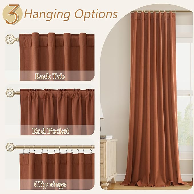 Guken Terracotta 100% Blackout Curtains 90 Inch Length 2 Panels Set Fall Curtains for Living Room Bedroom Back Tab Thermal Insulated Black Out Linen Drapes, 52x90