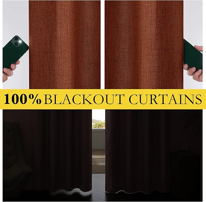 NICETOWN 100% Absolutely Blackout Linen Curtains with Thermal Insulated Liner, 42" Wide, 2 Panels, 84" Long Drapes, Grommet Retro Burnt Orange Linen Curtains Vertical Drapes Privacy for Bedroom