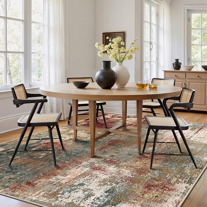 Washable Area Rugs 7'x9' Non-Slip Modern Abstract Soft for Living Room Entryway Bedroom Nursery, Print Pattern, Brown Rust Red Green Blue Multi