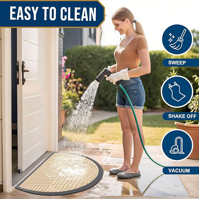 Smiry Half Circle Front Door Mat Outside Entrance, Heavy Duty Sturdy Natural Rubber Doormat, Trap Dirt and Moisture, Low Profile Mats for Indoor Outdoor Entry, Irregular Triangle (29.5x17, Beige)