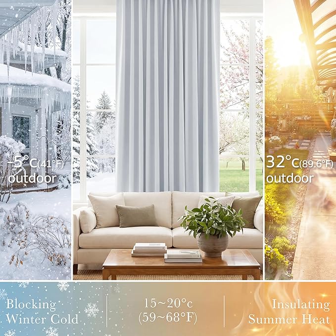 PONY DANCE Greyish White Non-See-Through Curtains - 52 Wide by 72 Long Room Darkening Home Decor Window Treatments(60% Light Block) Drapes for Living Room/Bedroom with Back Tab, 2 Panels