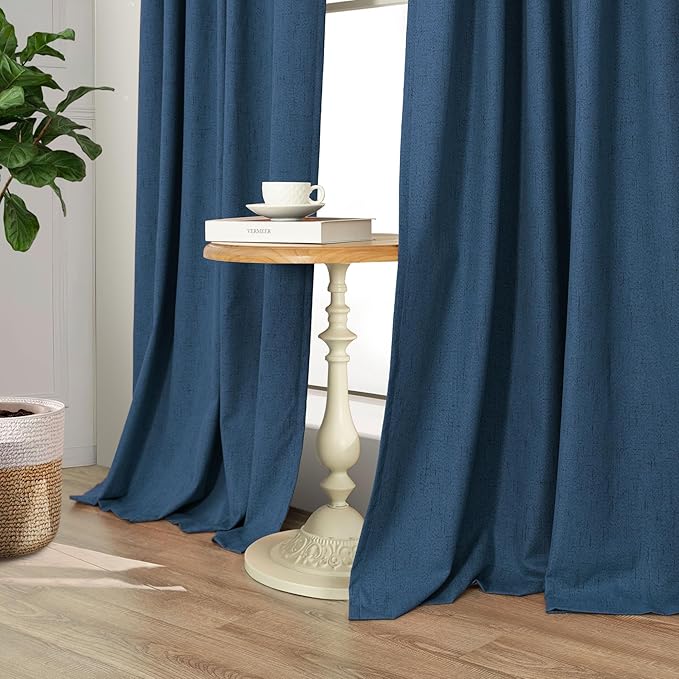 Navy Blue Short Blackout Curtains 54 Inch Length 2 Panels for Bedroom Men Room Decor Darkening Linen Textured Insulated Curtains for Living Room Bathroom Window Dark Navy Midnight Blue Wide 52x54 Long