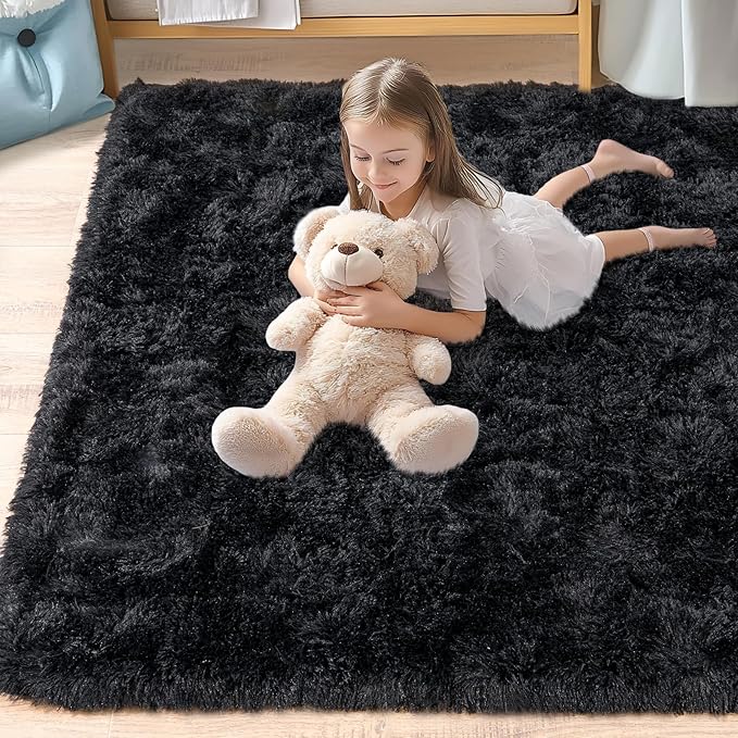 Pionblank Large Rug for Living Room 6x9 Feet, Modern Soft Shag Area Rug, Plush Fuzzy Carpet for Bedroom Girls Boys Room Home Nursery Teens Dorm Decor, Black