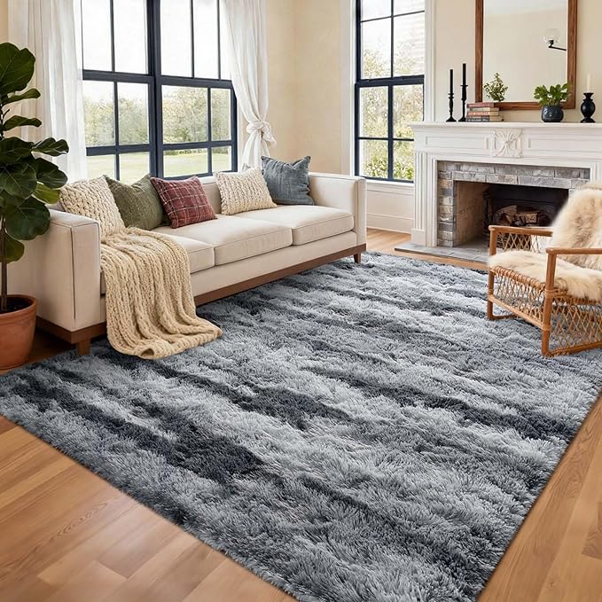 4x6 Ft Shag Rugs for Bedroom Living Room, Tie-Dyed Ultra Soft Fluffy Furry Area Rugs for Indoor Floor, Aesthetic Carpet for Kids Home Decor (Grey)