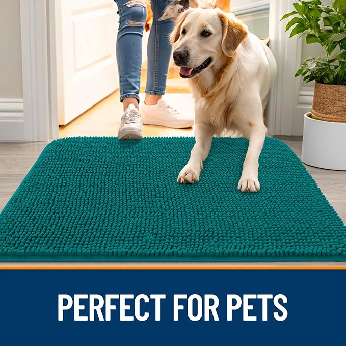 OLANLY Dog Door Mat for Muddy Paws 59x35, Absorbs Moisture and Dirt, Absorbent Non-Slip Washable Doormat, Quick Dry Chenille Mud Mat for Dogs, Entry Indoor Entryway Carpet for Inside Floor, Lake Blue