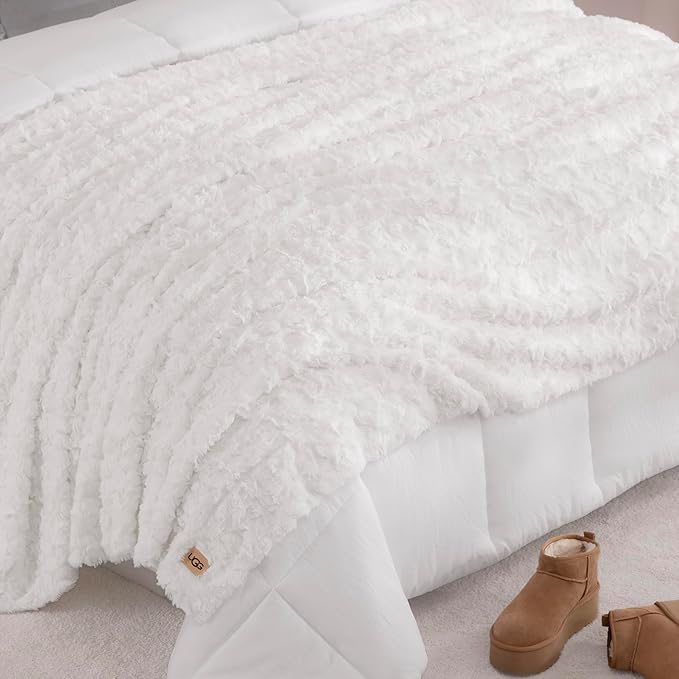 UGG Adalee Faux Fur Full/Queen Blanket for Bed, Soft Fuzzy Blanket, Warm Large Throw for Couch, Washable Full or Queen Bedding, Luxury Bedroom Decor, 90" x 90", Natural White