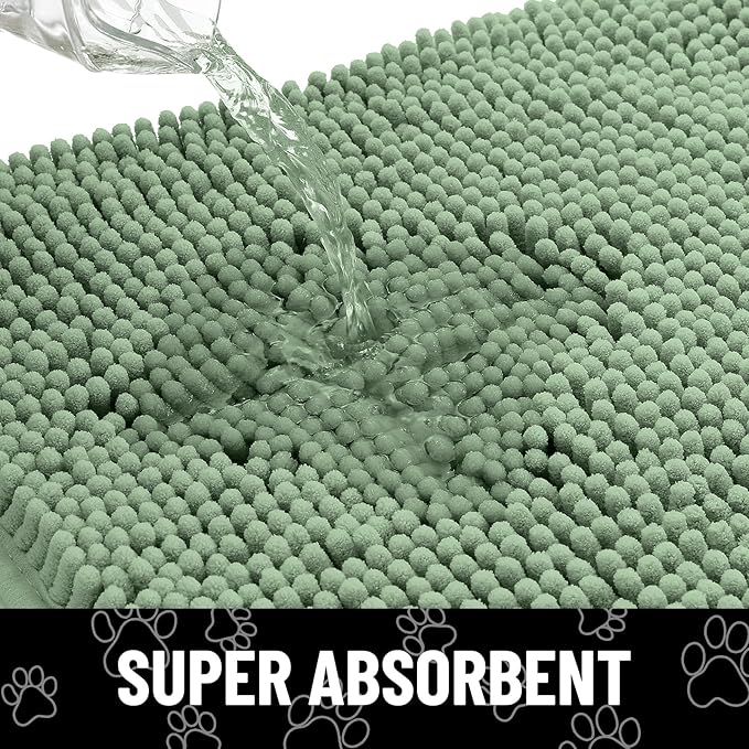 Smiry Dog Door Mat for Muddy Paws, Absorbent Dirt Trapper Non Slip Quick Dry Washable Chenille Mat for Mud Dogs, Entry Rug for Indoor and Outdoor (48x30 Inches, Olive Green and White)