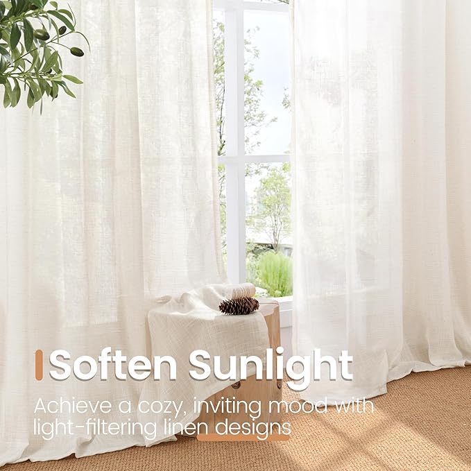 BGment Small Linen Curtains 36 Inch Length for Cafe Window, Half Drapes Lightweight Semi Sheer with Rod Pocket for Front Door Kitchen Window Over Sink, 2 Panels Set, 24 Inch Wide Each Panel