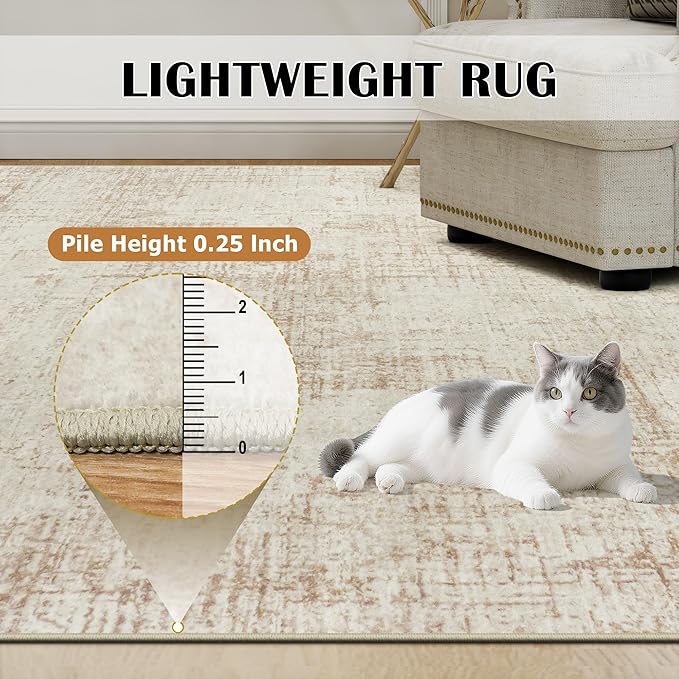10x12 Area Rugs for Living Room Washable Rug: Anti-Skid Abstract Modern Living Room Rug Soft Thin Carpets Indoor Floor Non-Shedding Carpet for Bedroom Dining Farmhouse Nursery Beige White