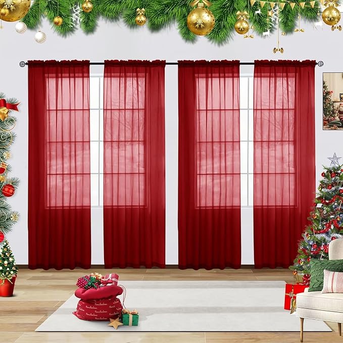 youleyar Solid Sheer Rod Pocket Curtain Voile Draperies 4 Panels White Beige Black Grey Ivory 52 Inch Width 96 Inch Long 1 Pair for Kitchen Bedroom Children Living Room Yard(Christmas Red,52 Wｘ96 L)