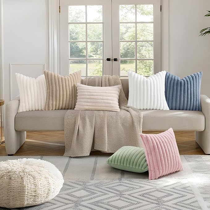 decorUhome Summer Cozy Faux Fur Throw Pillow Covers 12x20 Set of 2 Decorative Soft Plush Striped Lumbar Modern Farmhouse Boho Couch Pillow Cases with Velvet Back for Sofa Bed Living Room, Beige
