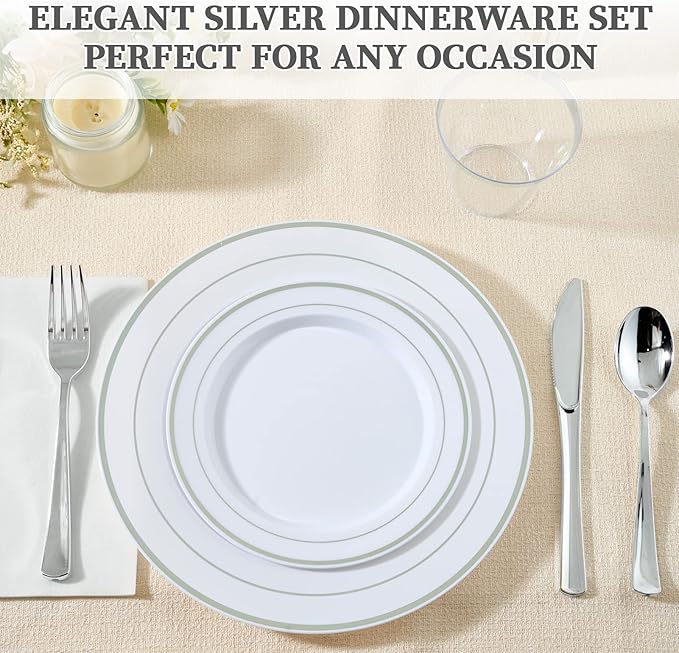 FOCUSLINE 600 Ct Silver Dinnerware Set for 100 Guests - Silver Rimmed Disposable Plastic Plates, Includes 100 Dinner & Salad Plates, Cups, Cutlery Set for Wedding Parties
