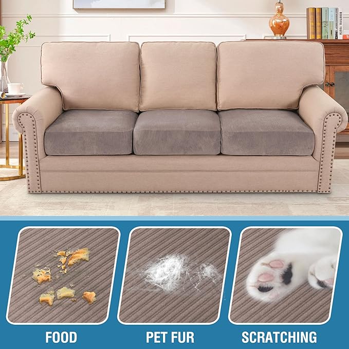 H.VERSAILTEX Velvet Stretch Couch Cushion Cover Plush Cushion Slipcover for Chair Loveseat Sofa Cushion Furniture Protector Seat Cushion Sofa Cover (3 Piece Sofa Cushion Covers, Taupe Striped)