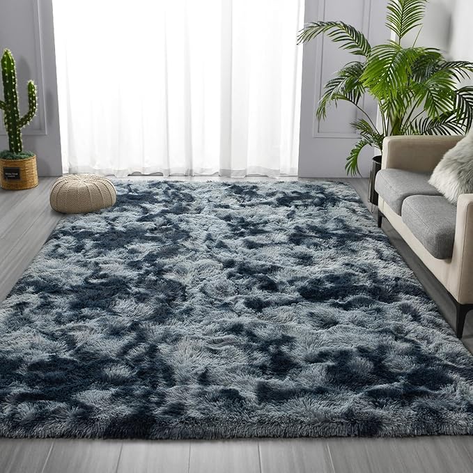 Deerhoo Large Shag Area Rugs 5 x 8, Tie-Dyed Plush Fuzzy Rugs for Living Room, Ultra Soft Fluffy Furry Rug for Bedroom, Indoor Carpet Nursery Rugs for Kids Room Home Decor, Blue and Grey