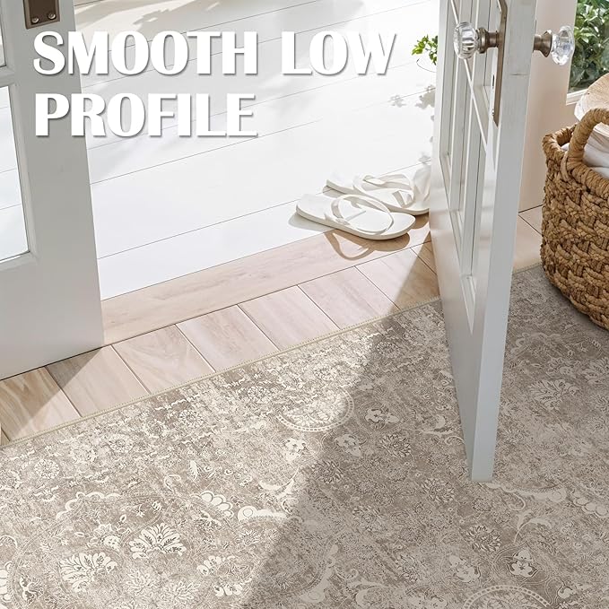 3x20 Washable Hallway Runner Rug - Non Slip Kitchen Runner Rugs with Rubber Backing Vintage Low-Pile Carpet Runners for Entryway Dining Room Laundry Room Home Decor (Beige)