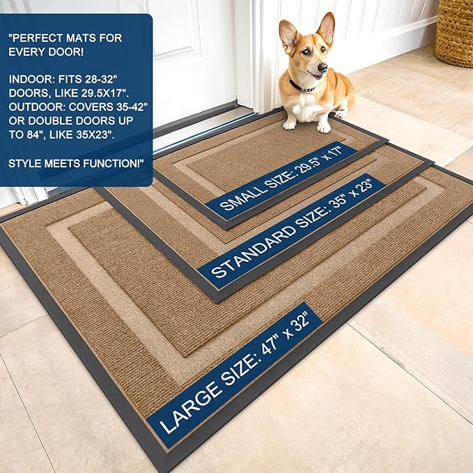 OLANLY Front Door Mat Indoor Outdoor Entrance, Waterproof All-Season, All-Weather Doormat, Sturdy Natural Rubber, Fade Resistant, Low Profile, Easy Clean Patio Porch Entryway Mat, 71x47, Light Brown